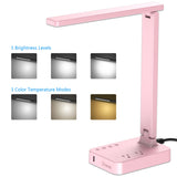 Drevet LED Desk Lamp, Desk Light with 1 USB Charging Port and 2 AC Power Outlet, 3 Lighting Modes, 3 Level Brightness,1H Timer, Touch Control, Eye-Caring Home Office Foldable Table Lamp (Pink)
