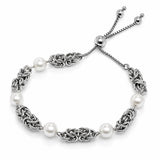 LeCalla 925 Sterling Silver Byzantine Bracelet Jewelry Italian Rhodium Plated Simulated Pearl Beaded Sliding Bolo Bracelet for Women