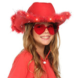 Funcredible Santa Light Up Cowboy Hat and Glasses - Christmas Cowgirl Hat - Feather Led Red Hats - Xmas Cowgirl Outfits for Women