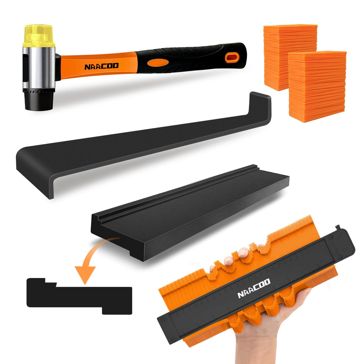 NAACOO Laminate/Vinyl Flooring Tools, Tapping Block for Vinyl Plank Flooring-Double Sided with Notches,10In Contour Gauge, Pull Bar, 40Pcs Floor Spacers,Rubber Mallet. Universal Floor Installation kit