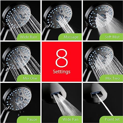 AquaCare High Pressure 8-mode Handheld Shower Head - Anti-clog Nozzles, Built-in Power Wash to Clean Tub, Tile & Pets, Extra Long 6 ft. Stainless Steel Hose, Wall & Overhead Brackets