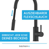Bächlein Kitchen tap 360° rotatable (matt black) – single-hand basin tap made of stainless steel with pull-out hose and spray head with switch knob, tap for the kitchen