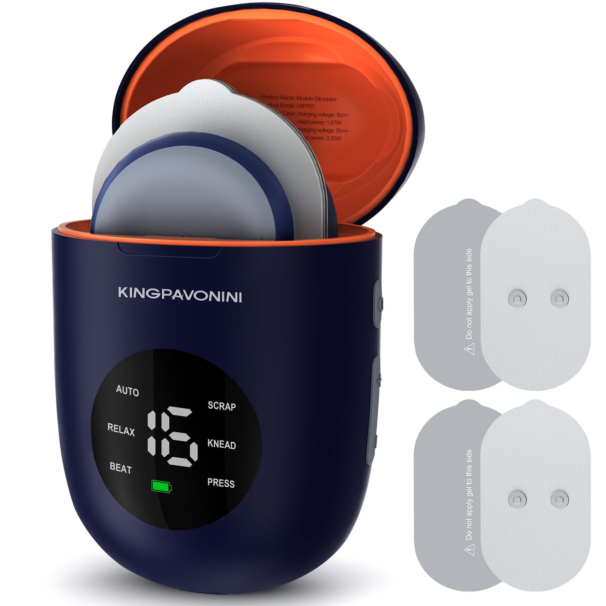 KingPavonini Wireless TENS Unit, Muscle Stimulator for Pain Relief, Portable Rechargable TENS EMS Machine, LED Screen, Remote, Dual Channel 6 Modes 16 Intensity Massager, Charging Case (4 Pads)