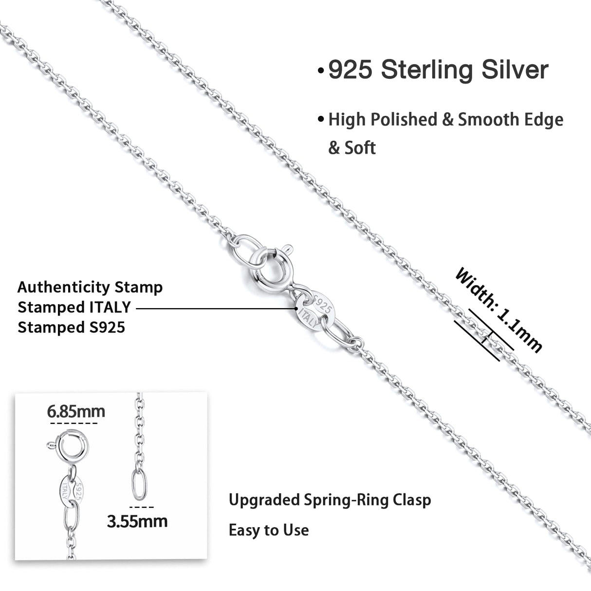 Jewlpire 925 Sterling Silver Chain Necklace Chain for Women, 1.1mm Cable Chain Necklace Upgraded Spring-Ring Clasp - Thin & Sturdy Women's Chains Necklaces 18 Inch