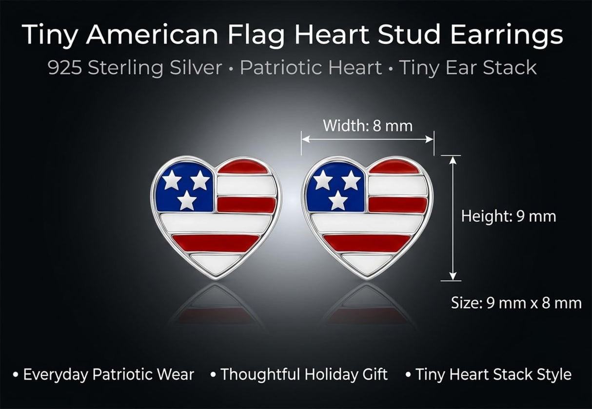 925 Sterling Silver American Flag Stud Earrings USA Patriotic 4th of July Independence Day Tiny Ear Stackable Jewelry Jewelry (Heart)