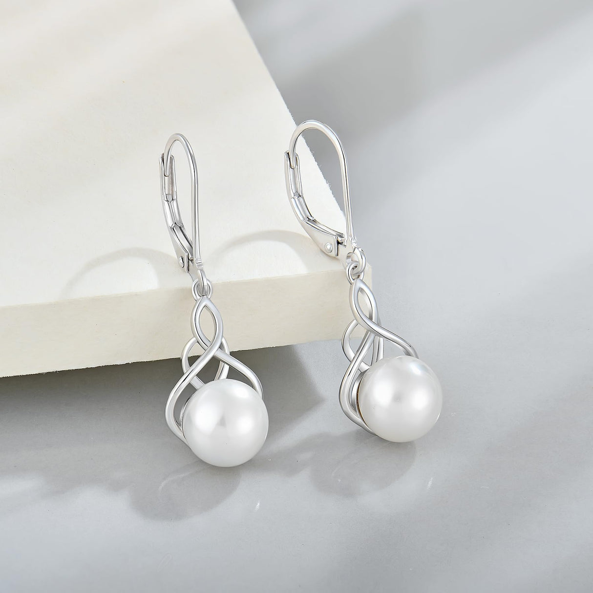 VESHON Celtic Knot Pearl Earrings for Women - 925 Sterling Silver Dangle Leverback Earrings with 9mm Freshwater Pearl Jewelry Gifts, White Gold Plated