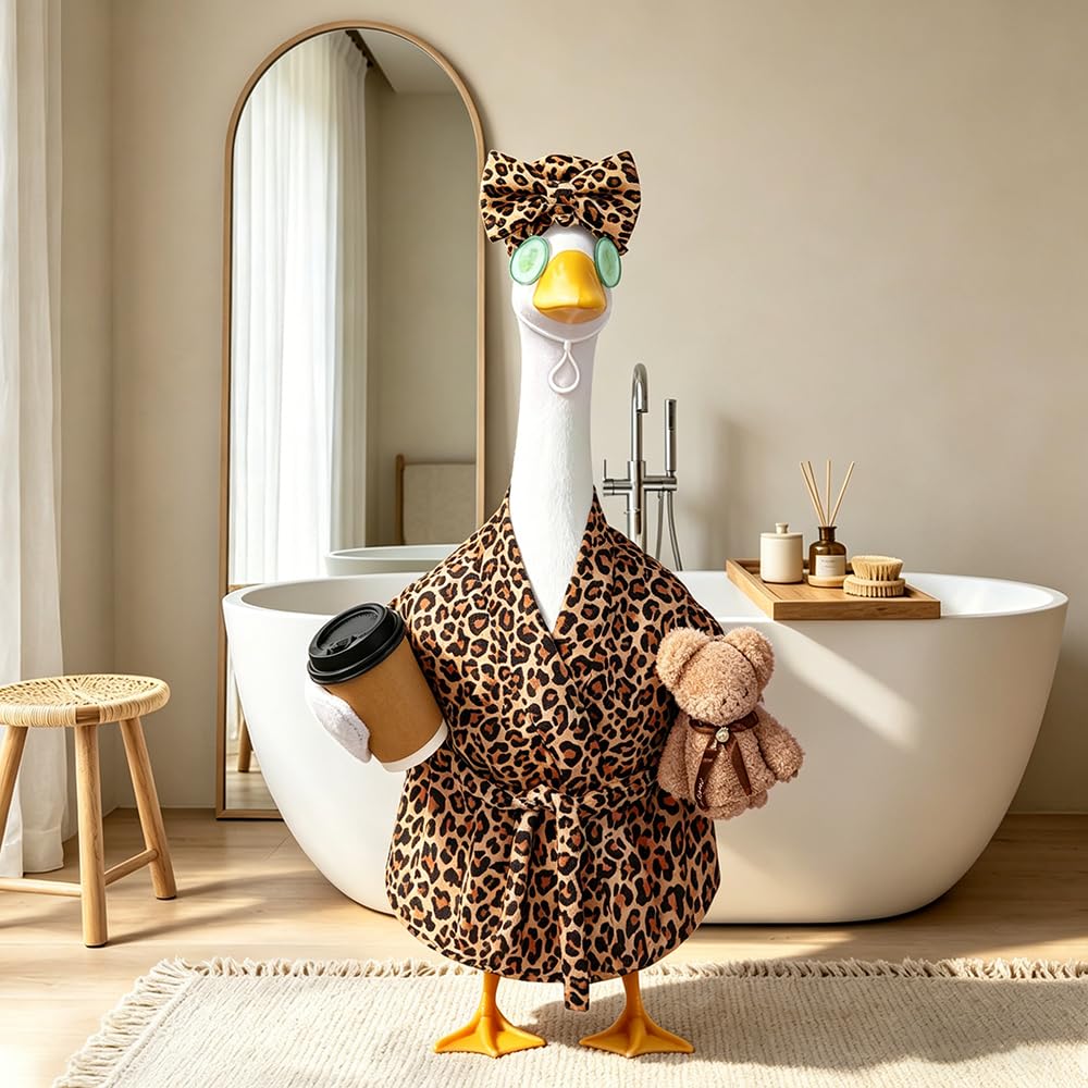 Celltestria Lady Goose Outfits for 23" Geese Bathrobe Brown Leopard Porch Goose Costume Coffee Cup Bear Cucumber Eye Mask Goose Clothes for Outdoor Patio Yard Lawn Garden Decoration