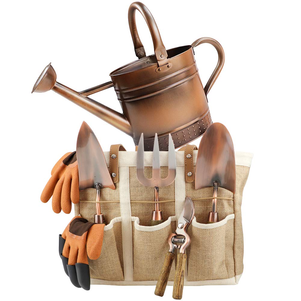 Megawodar 1 Gallon Galvanized Steel Watering Can with 3 Pcs of Garden Tools, 1 Pc of Pruning Shear, 1 Pair of Gardening Gloves，1 Pc of Garden Tools Organizer Tote
