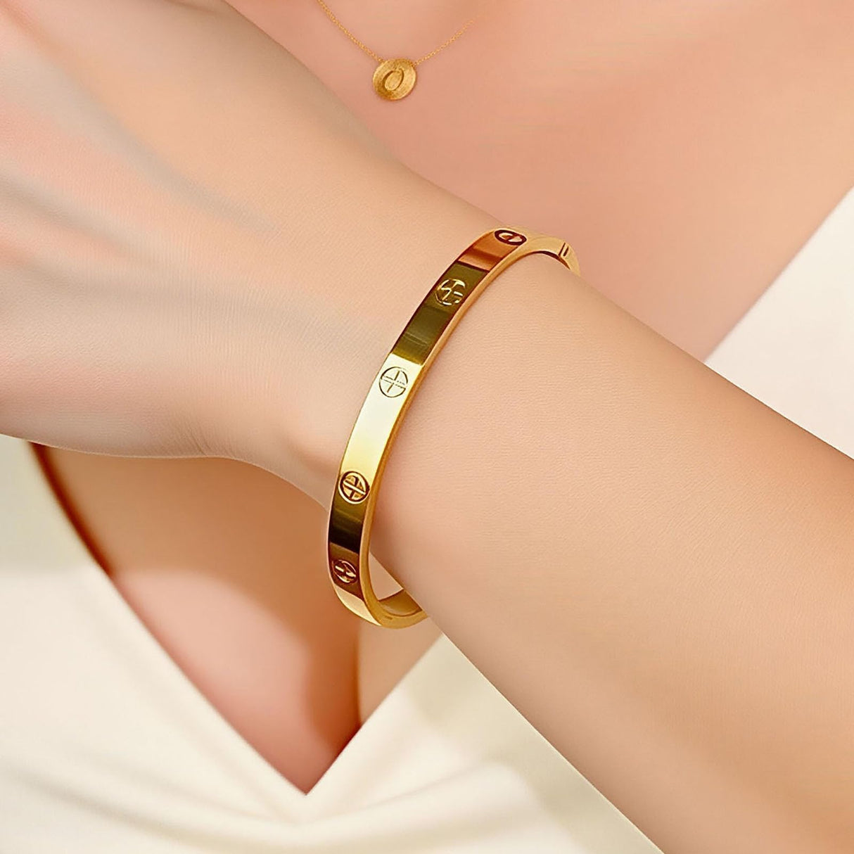 LUCSIS Waterproof 18K Gold PVD Plated Bangle Bracelet for Women, Stainless Steel Bracelet Non Tarnish with Cross Pattern Engraved and 5A Grade Cubic Zirconia, Trendy Fashion Jewelry Gift
