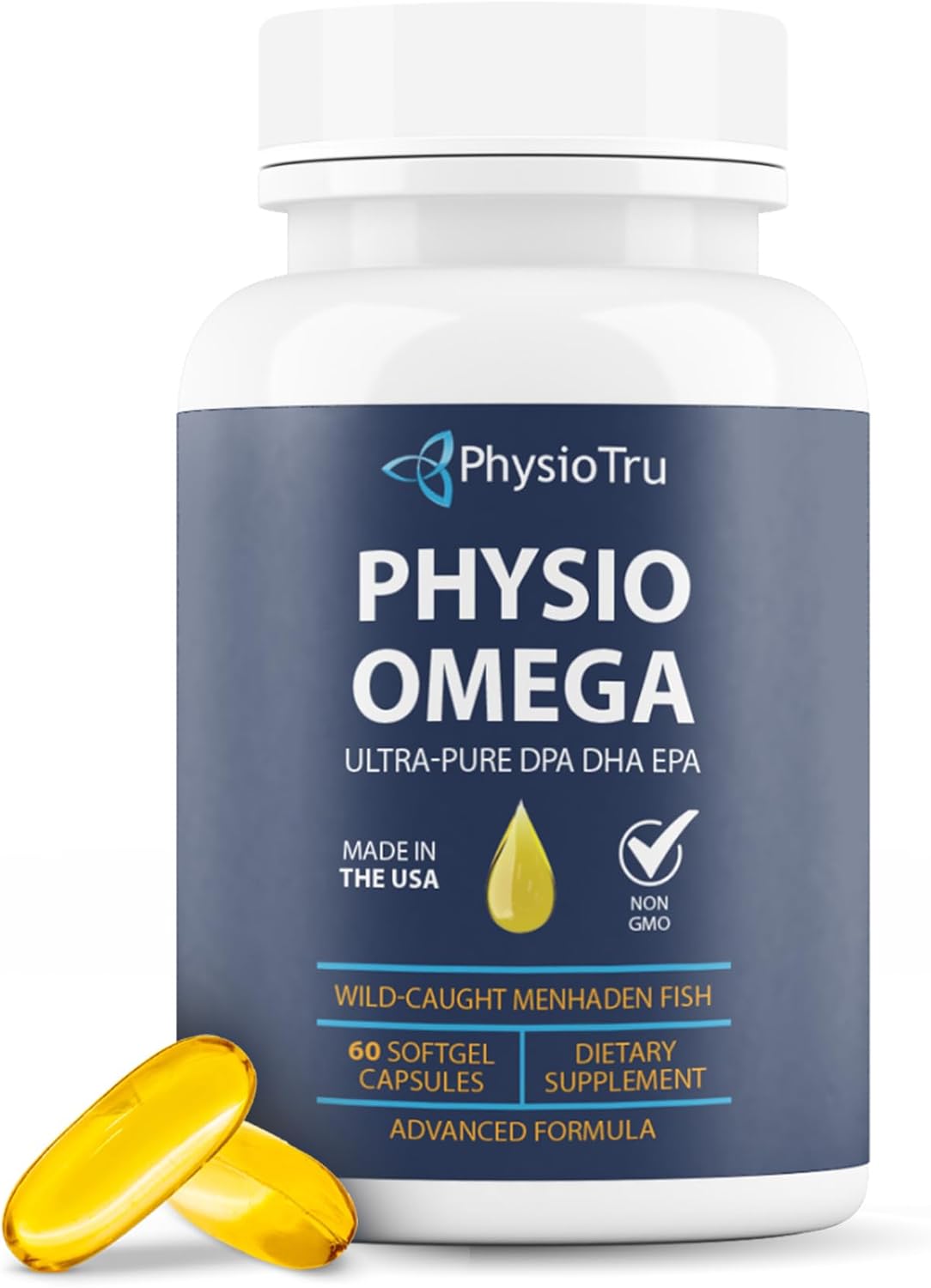 Physio Omega - Omega 3 Supplement - Sustainably Sourced - with DPA, EPA, and DHA - Burpless Fish Oil - 1 Pack