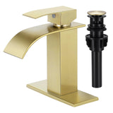 LUFG Bathroom Faucets Brushed Gold Waterfall Bathroom Sink Faucet Modern Single Handle Bathroom Faucet for 1 or 3 Hole Mxier Tap Washbasin Faucet with Deck, Pop-up Drain and Supply Hoses