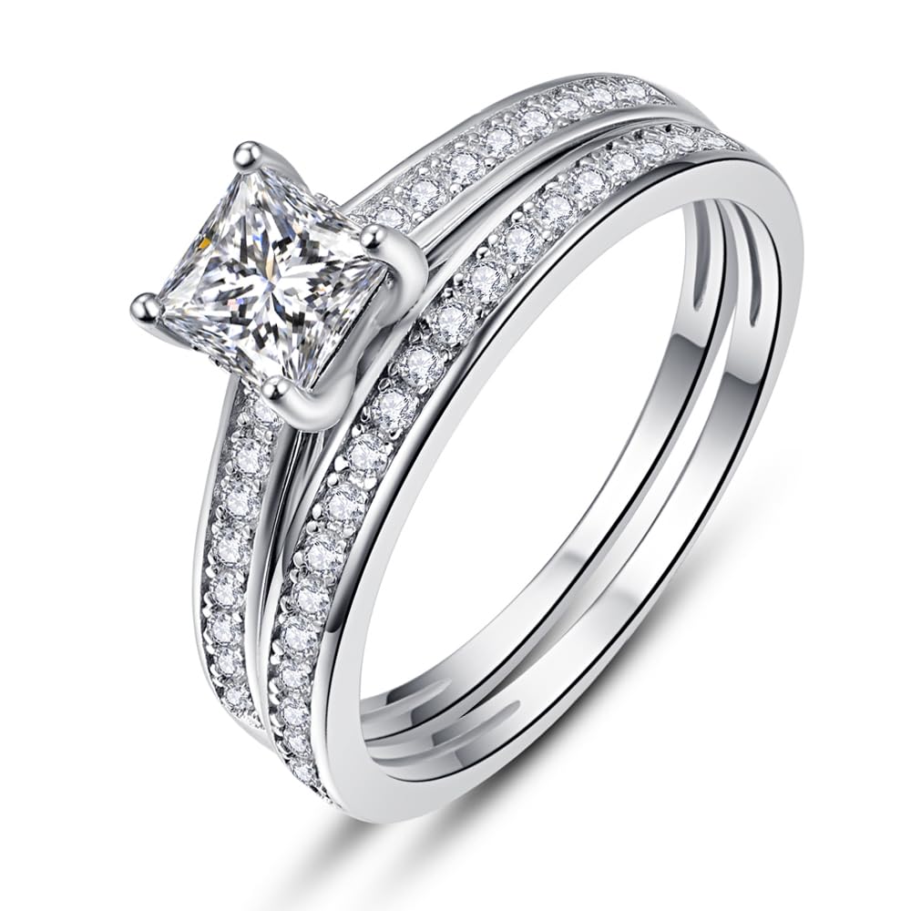 AVECON 1.35ct Princess Cut Engagement Ring 925 Sterling Silver Wedding Band Set for Women Cubic Zirconia Bridal Sets Size 6