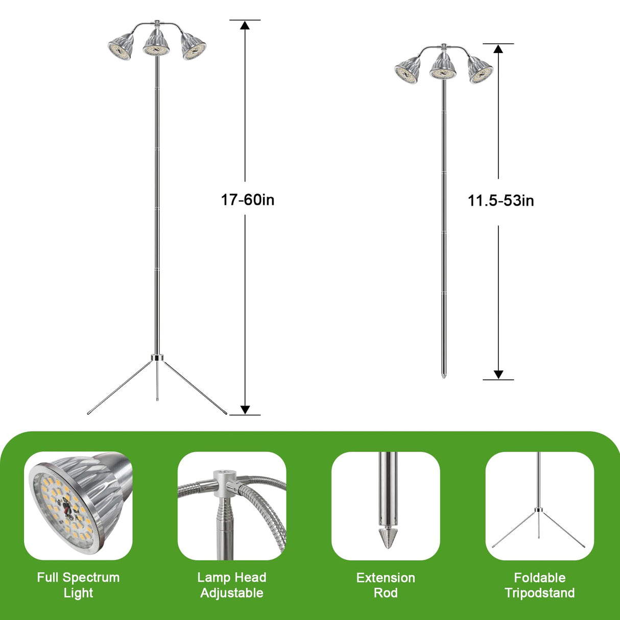 Full Spectrum Grow Light for Indoor Plants with Adjustable Tripod Stand, 11''- 60'' Height Plant Grow Lamp with Auto Timer 3/9/12H, LED Plant Light for Houseplants, Seedlings, Flowers & Indoor Garden