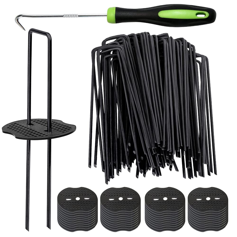 Bakulyor 100pcs Black Landscape Staples + 100pcs Buffer Washer, 6 Inch 11 Gauge Garden Stakes Staples, U Shaped Galvanized Lawn Pins Heavy Duty Yard Ground Pin for Weed Barrier Sod Fabric Decorations