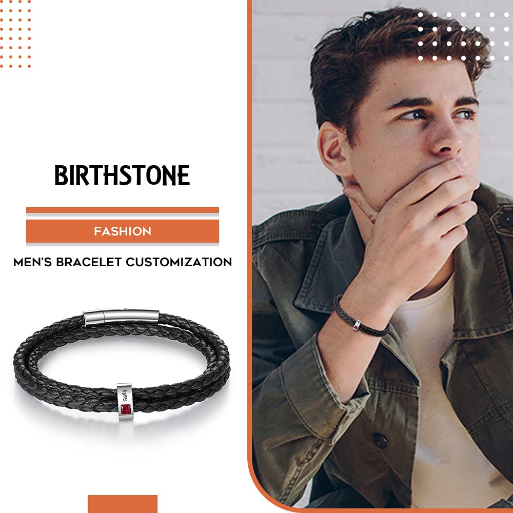 Nameinhea Personalized Mens Braid Bracelet Custom Bracelet with 1-5 Engraved Beads Family Names Jewelry Gifts for Men Father's day (1 name)