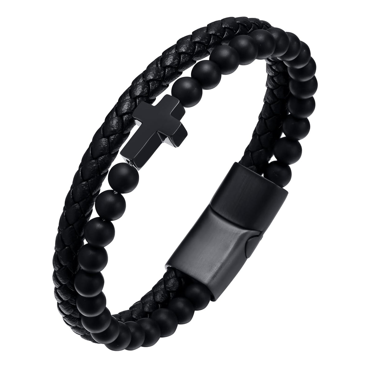 Mens Cross Bead Braided Genuine Leather Bracelet, Black Gemstone Agate Onyx Beaded Rosary Obsidian Bangle, Faith Religious Easter Catholic Christian Communion Baptism Christmas Jewelry Gift for Men