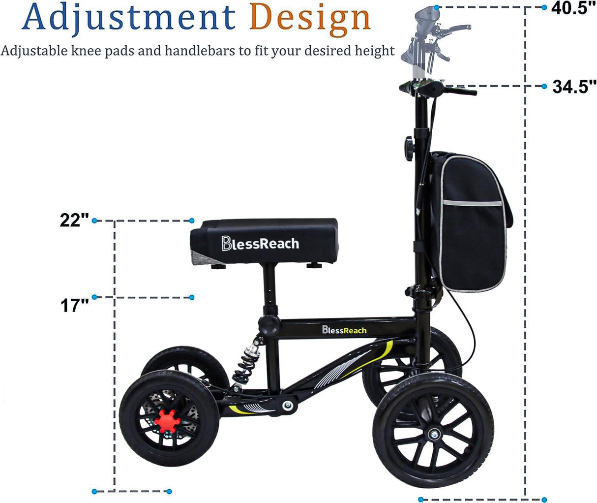 BlessReach All Terrain Steerable Knee Scooter Crutch Alternative，Deluxe Medical Scooter Double Handbrake,for Adults Injured Ankle & Foot Recovery Scooter in Black