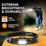 Foxelli Ultra Bright Rechargeable Headlamp – 18650 Battery, IPX7 Waterproof, 1200 Lumen LED Light for Work & Outdoors, with Battery & Hooks - Perfect for Hard Hat or Helmet
