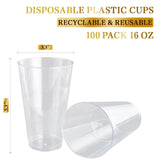 FOCUSLINE 100 Pack 16 oz Clear Plastic Cups, Disposable Cups Large Reusable Plastic Tumblers, Heavy-duty Clear Hard Cups 16 Ounce for Wedding Party, Thanksgiving, Halloween, Christmas