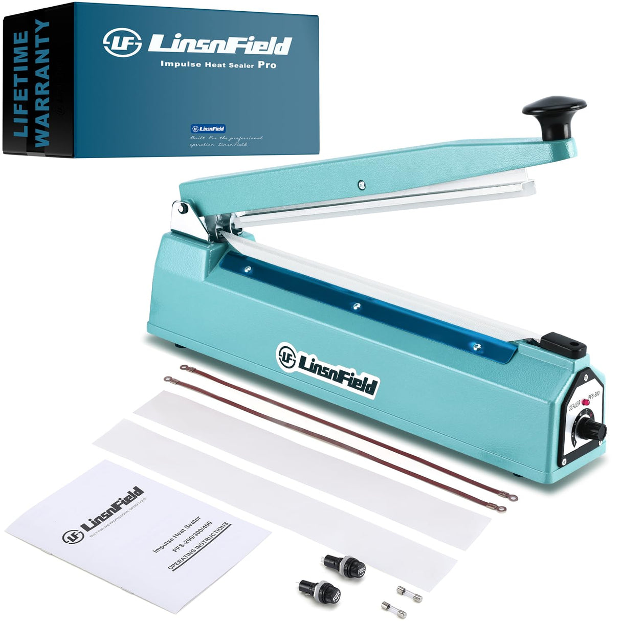 LinsnField Sealer Pro, Patented 12inch Impulse Heat Bag Sealer, 7mm Sealing Width Poly Bag Seal Machine, 2 Replacement Kits 2 Fuses Included, Blue