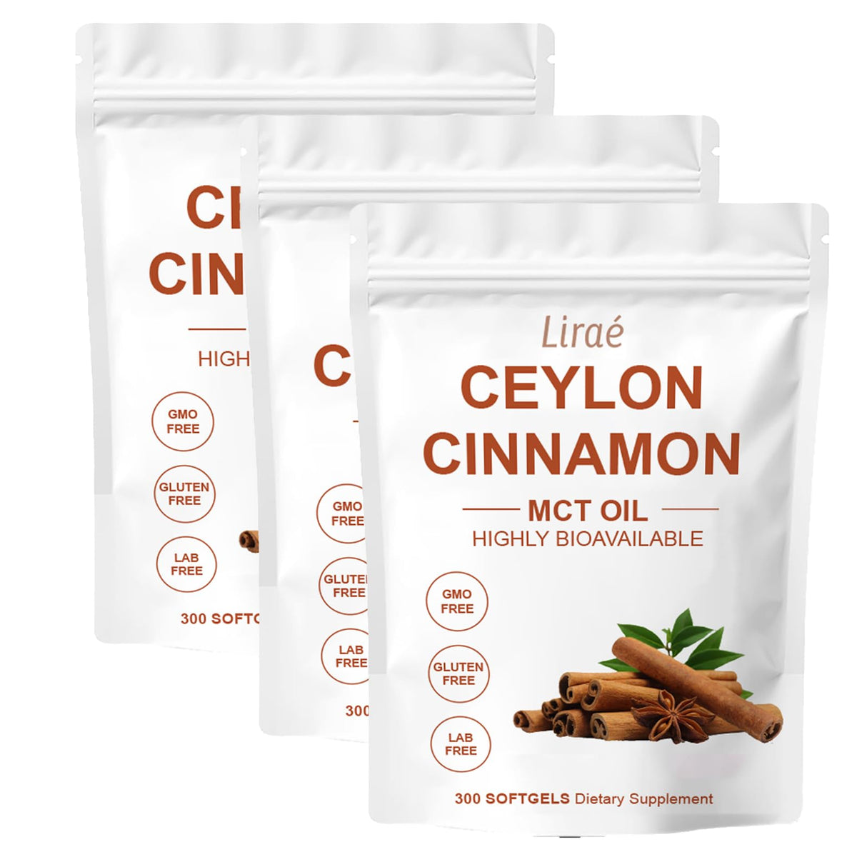LIRAE Ceylon Cinnamon Ceylon Cinnamon Soft Gels Equivalent with Mct Oil, Highly Bioavailable Herbal Extract | Non-GMO, Gluten Free | 300 Softgel (3)