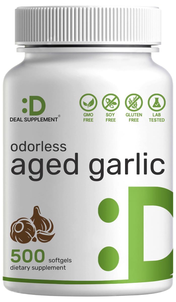 Odorless Aged Garlic Pills, 6,000mg Per Serving, 500 Softgels – 24:1 Garlic Oil Extract – Fresh Allium Sativum Bulb Source – Heart & Immune Antioxidant Supplements – Non-GMO