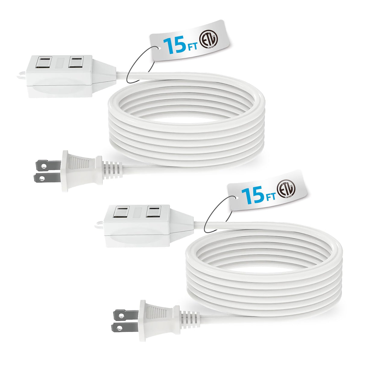 TiFFCOFiO Indoor Extension Cord, 2 Prong 15 Feet Extension Cord, 3 Polarized Outlets with Safety Slide Windows,13A/1625W, 16 AWG, 2 Packs