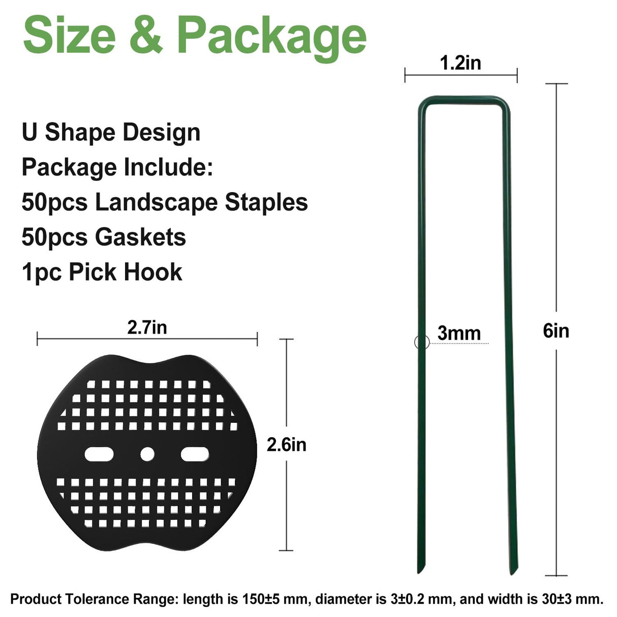 FOTMISHU Landscape Staples 6Inch 50pcs Garden Stakes + 50pcs Gasket, Lawn Pins with Spray Coating Craft, 11Gauge Anti-Rust Ground Yard Spikes Anchoring for Outdoor Tents Irrigation Hoses (Green)