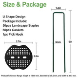 FOTMISHU Landscape Staples 6Inch 50pcs Garden Stakes + 50pcs Gasket, Lawn Pins with Spray Coating Craft, 11Gauge Anti-Rust Ground Yard Spikes Anchoring for Outdoor Tents Irrigation Hoses (Green)