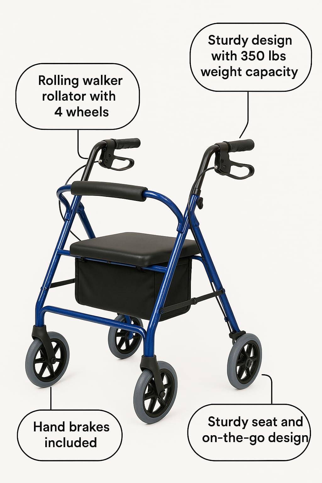 Dr. Dunley 4-Wheel Rollator Walker for Seniors FSA/HSA Eligible– Blue Rolling Walker with Seat, Hand Brakes & Storage – Heavy Duty Frame Supports 350 lbs – Foldable Mobility Aid