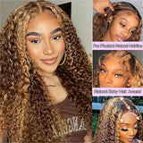 Ijowa 13x4 Highlight Ombre Deep wave Lace Front Wigs Human Hair P4/27 Colored HD Transparent Honey Blonde Curly Lace Frontal Wigs Pre Plucked 180% Density with Baby Hair 26inch