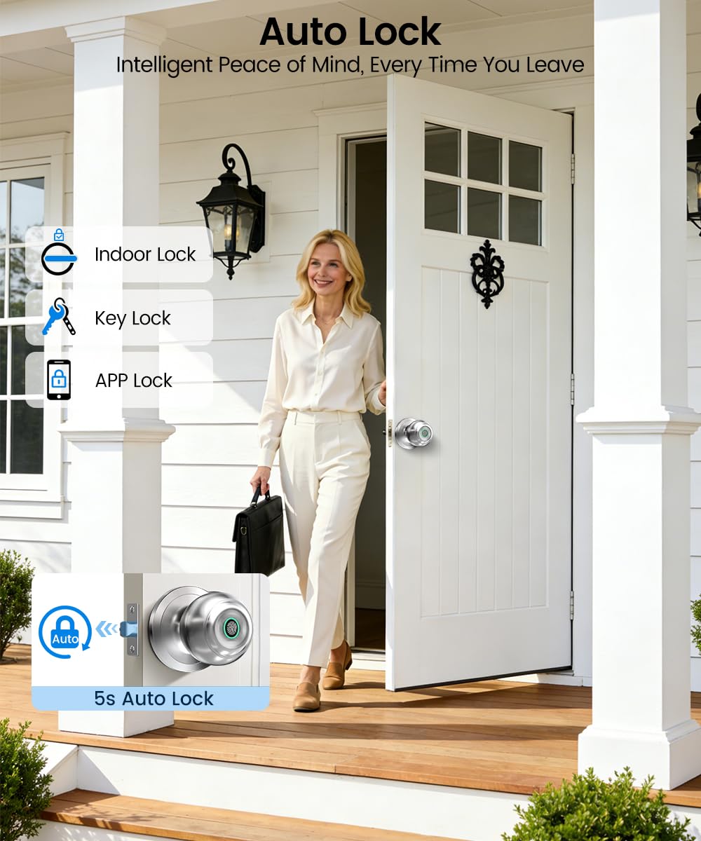 Fingerprint Door Lock, Smart Fingerprint Door Knob with Lock, Biometric Door knob with App Control & Key, Keyless Thumbprint Entry Door Locks for Bedrooms, Front Door, Home, Apartment-Bright Silver