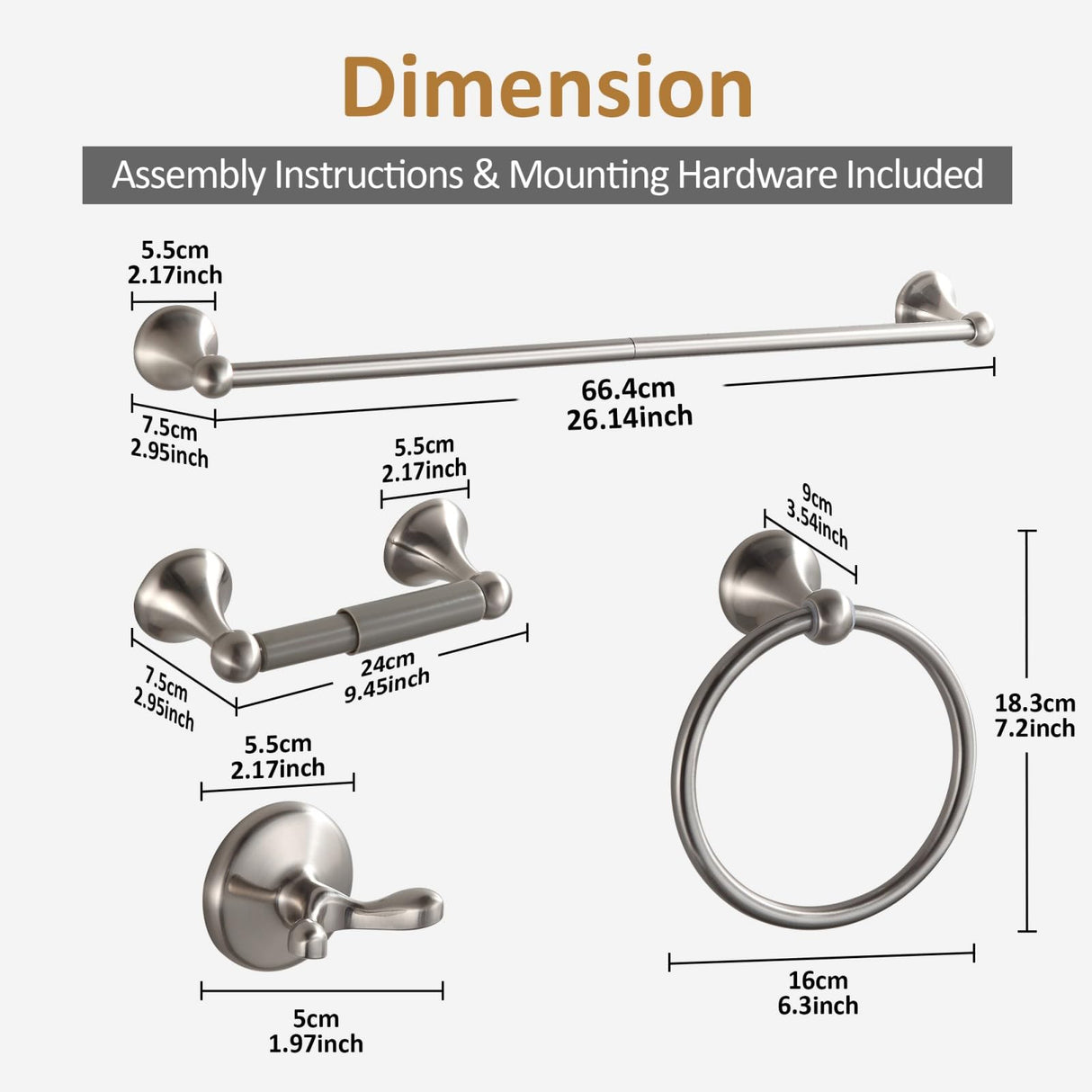 BGL Bathroom Accessories Set, Glossy Stain Nickel Expandable Towel Bar 4-Piece Bathroom Accessory Set Wall Mounted Towel Ring Robe Hook Toilet Paper Holder Towel Holder