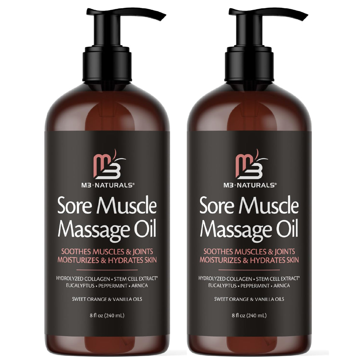 Arnica Sore Muscle Massage Oil for Massage Therapy - with Collagen Stem Cells Arnica and Menthol - Multipurpose Instant Absorption Full Body Massage Oil by M3 Naturals (Pack of 2)