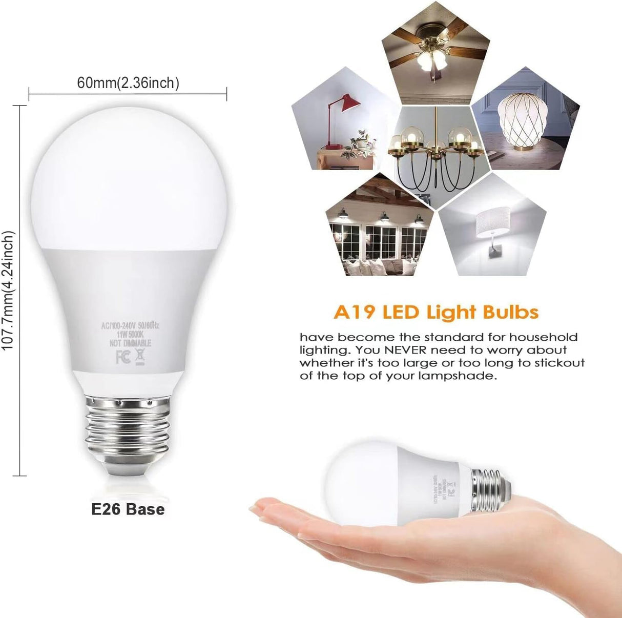 Yochoice LED Light Bulbs 100W Equivalent 1100 Lumens, A19 11W 5000K Daylight White Non-Dimmable, Super Bright No Flicker Standard E26 Edison Screw Bulbs for Home, Bedroom, Office Lamp, 12-Pack
