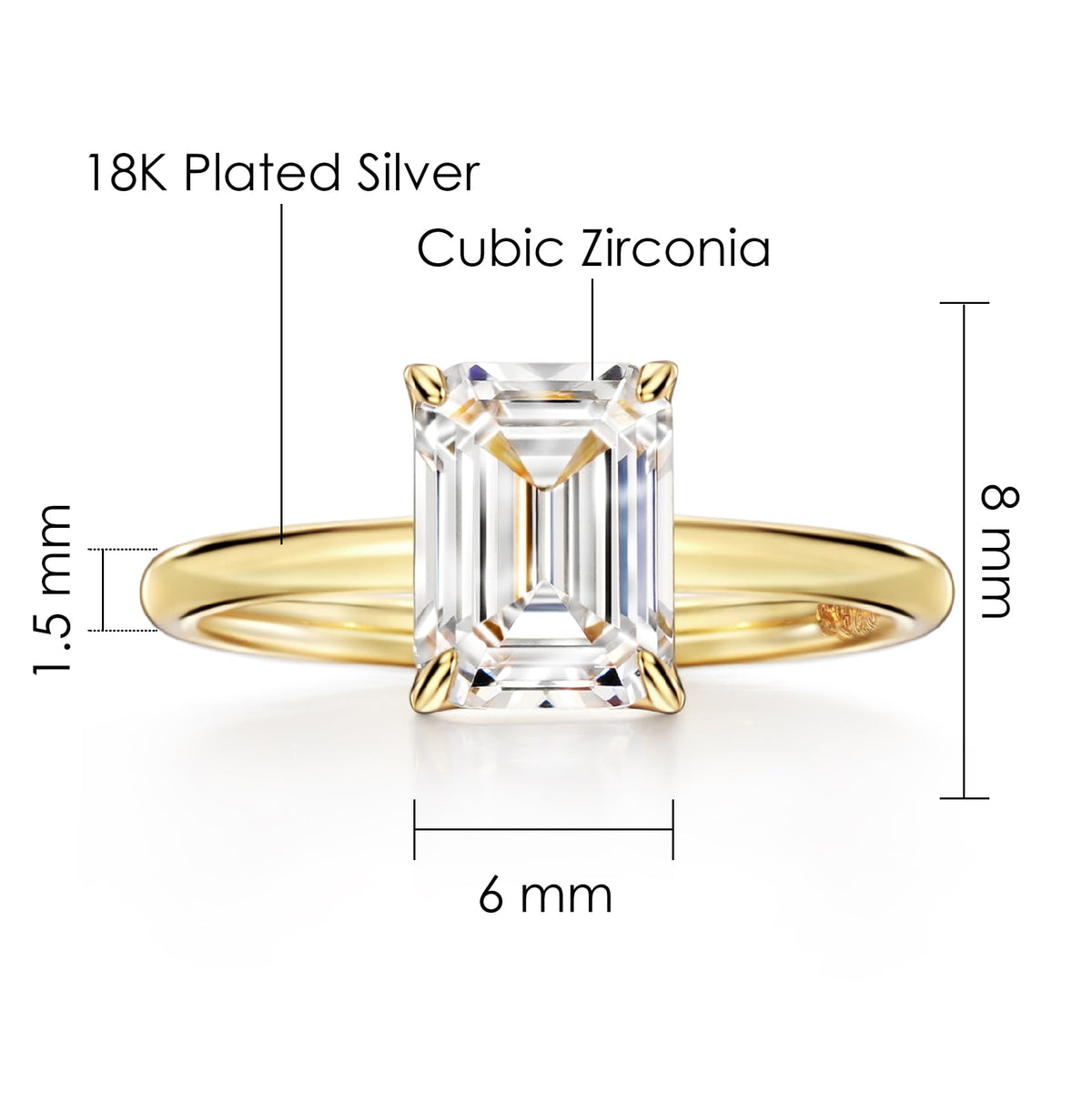 Michooyel 925 Sterling Silver 2ct Cubic Zirconia Engagement Ring for Women, Emerald Cut CZ Solitaire Promise Rings 18K Gold Plated Rings Size 5