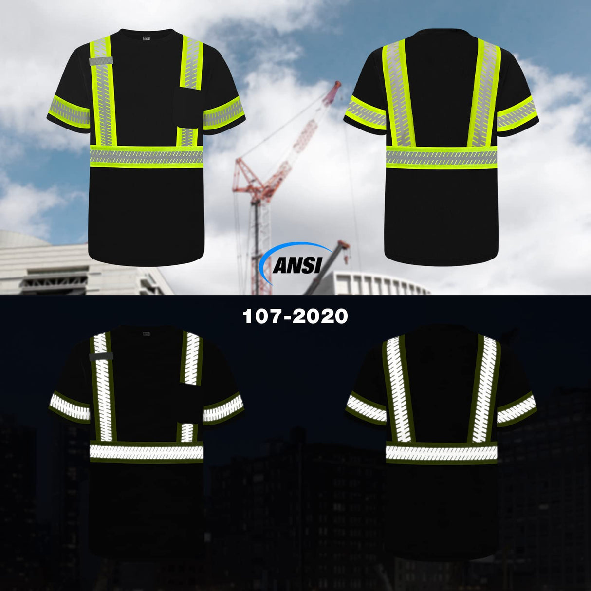 TCCFCCT High Visibility Shirts for Men Class 3 Hi Vis Reflective Safety Shirts for Men Women, Short Sleeve Construction Work Shirts with Green Extend Edge, Meet ANSI, Durable & Breathable, DT-Black L
