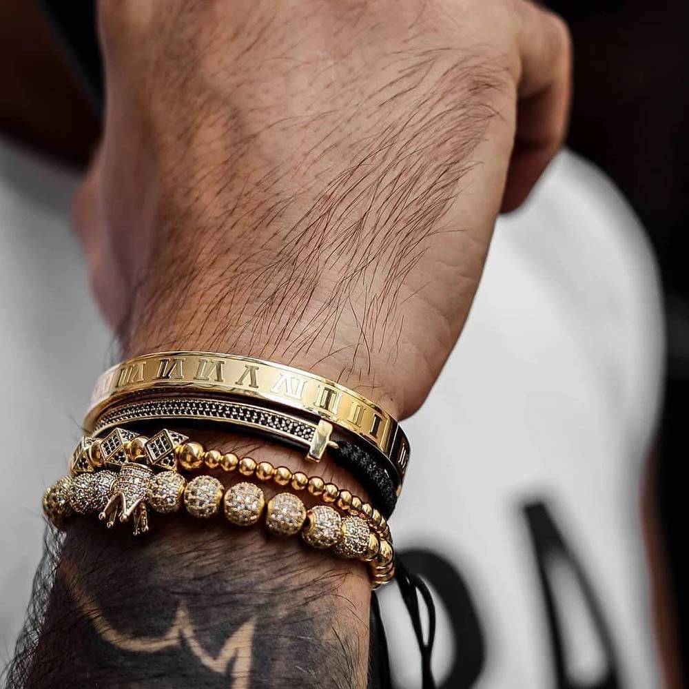 WFYOU Imperial Crown Bracelets for Men 18kt Gold Bracelet Cubic Zirconia Beads Bracelets Cross Bracelets Charm Men Luxury Gift