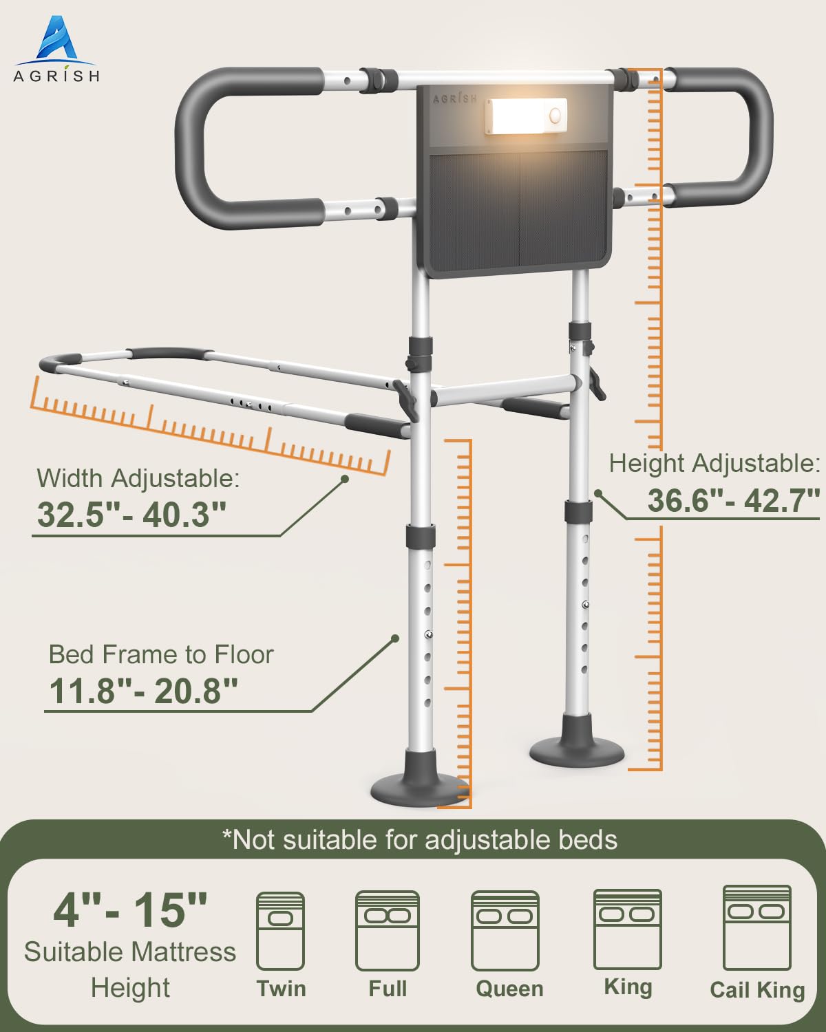 Agrish Bed Rails for Elderly Adults Safety - FSA/HSA Eligible with Motion Light & Storage Pouch - Bed Assist Rails for Seniors, Surgery Patients & Handicap, Fit King Queen Full Twin Bed