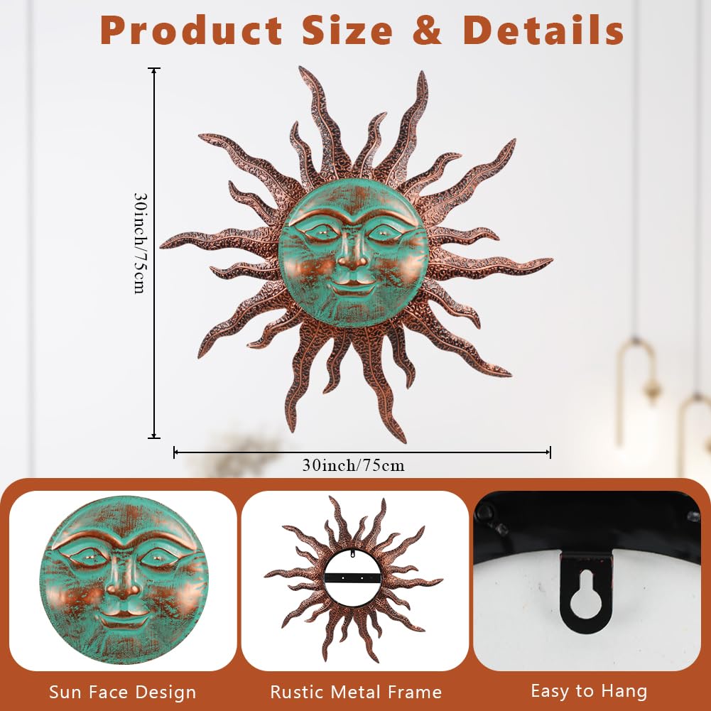 VEWOGARDEN Sun Outdoor Wall Decor, 30" Waterproof Large Metal Wall Art for Home Outside Patio Garden Fence Decorations, Brown & Green