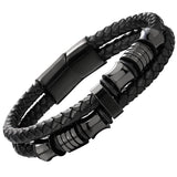 Men's Black Braided Leather Bracelet with Stainless Steel Accents Double-Layer Design Durable Biker Punk Style Wristband Modern Minimalist Fashion Jewelry for Men