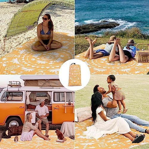 110''×118'' Extra Large Sandproof Beach Blanket 4-8 Adults, Waterproof Foldable Picnic Blankets with 4 Stakes & 4 Pockets, Lightweight Boho Outdoor Beach Mat for Travel, Camping, Hiking