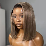 Ash Blonde Bob Wig Human Hair 180 Density 13x4 Hd Lace Front Wigs Human Hair Bob Wigs for Black Women Ombre Ash Blonde Straight Lace Frontal Wig with Dark Roots Invisible Knots Pre Plucked 14 inch