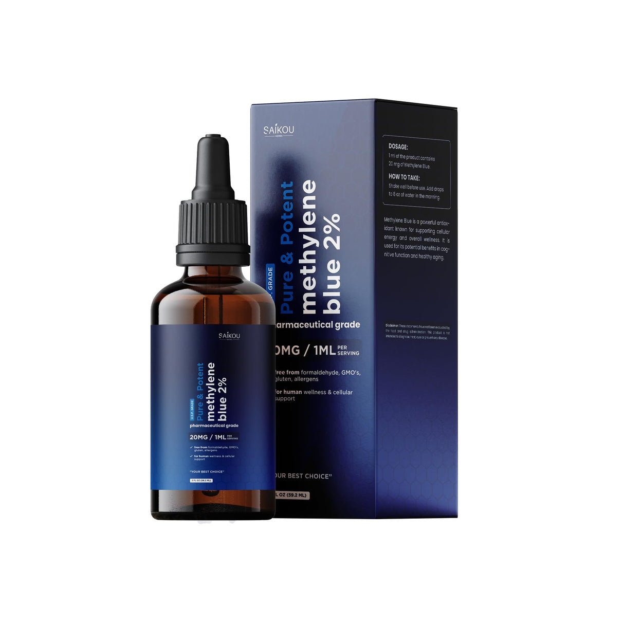 Methylene Blue Supplement Pharmaceutical Grade 2oz - 2% USP Grade High Concentration Solution - Brain Health Dietary Supplement Drops for Humans - No Formaldehyde