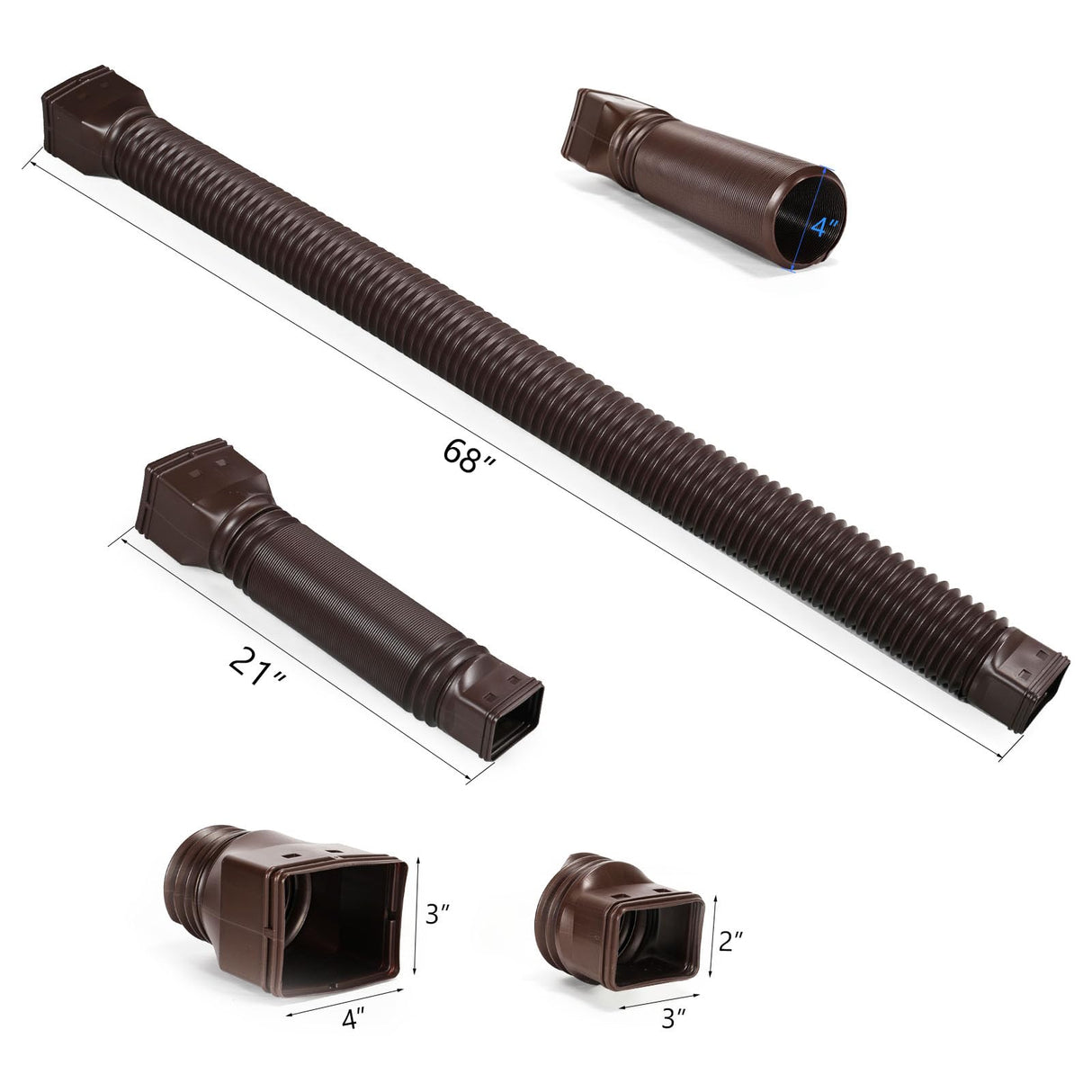 plusgutter Brown 2-Pack Rain Gutter Downspout Extensions Flexible, Drain Downspout Extender,Down Spout Drain Extender, Gutter Connector Rainwater Drainage,Extendable from 21 to 68 Inches