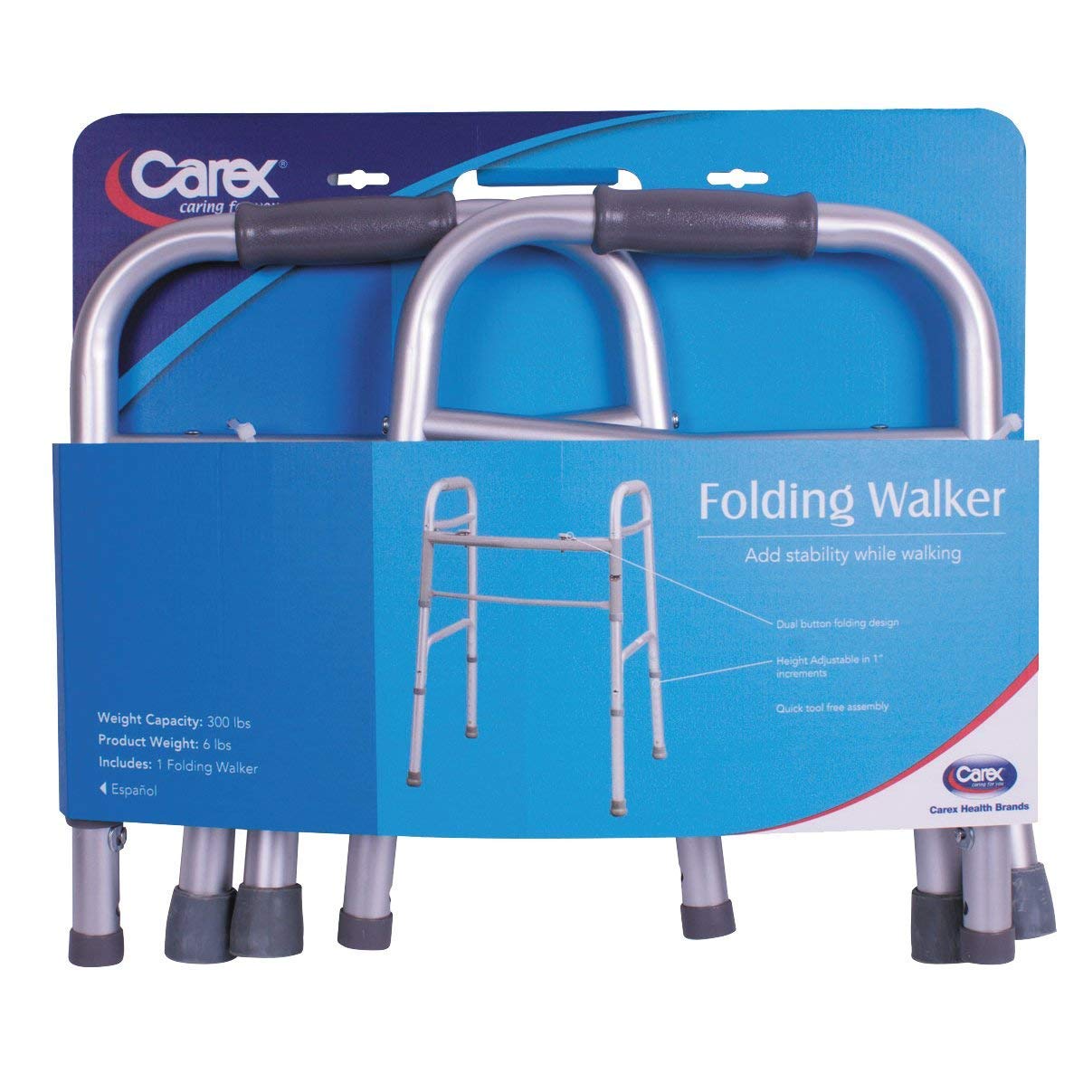 Carex Lightweight Folding Walker for Seniors, Portable Medical Walker with Adjustable Height, 30-37 Inches, Mobility Aid for Adults, Elderly, and Handicapped, Foldable, Stainless Steel Frame