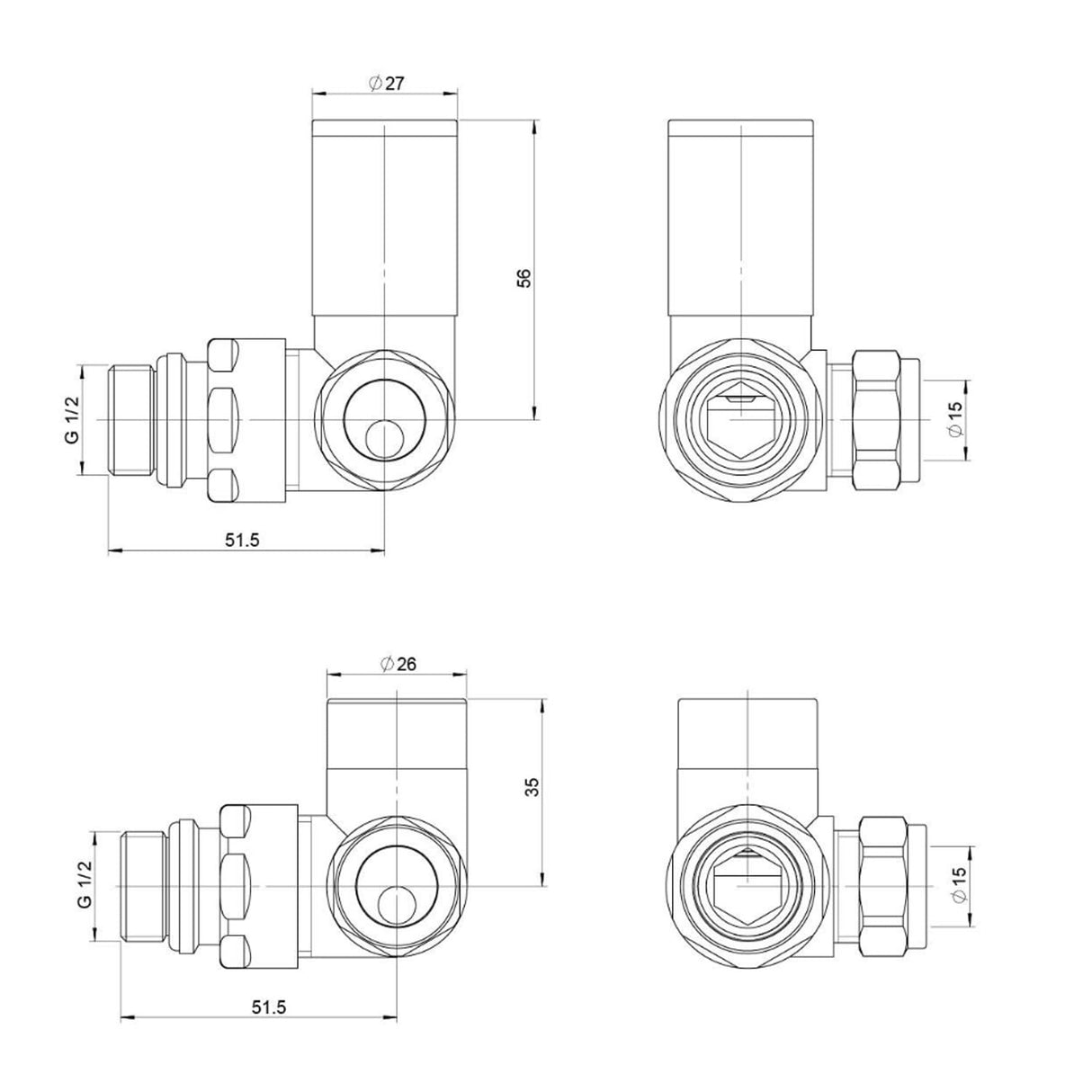 Go Bathrooms Gold Corner Radiator Valves Set of 2 Round Top Radiator Valves Central Heating Radiator Heated Towel Rail Valves Pair of 15mm 1/2 inchCorner Set Brushed Gold Finish
