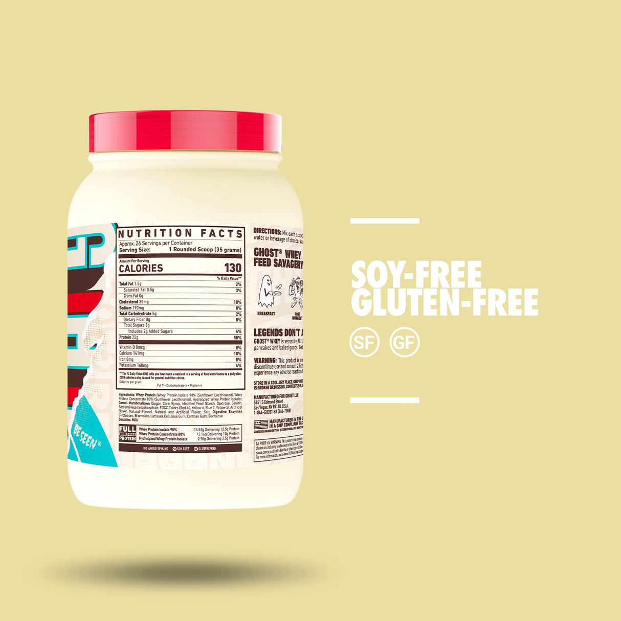 GHOST Whey Protein Powder, Marshmallow Cereal Milk - 2LB Tub, 25G of Protein - Flavored Isolate, Concentrate & Hydrolyzed Whey Protein Blend - Post Workout Shakes - Soy & Gluten Free