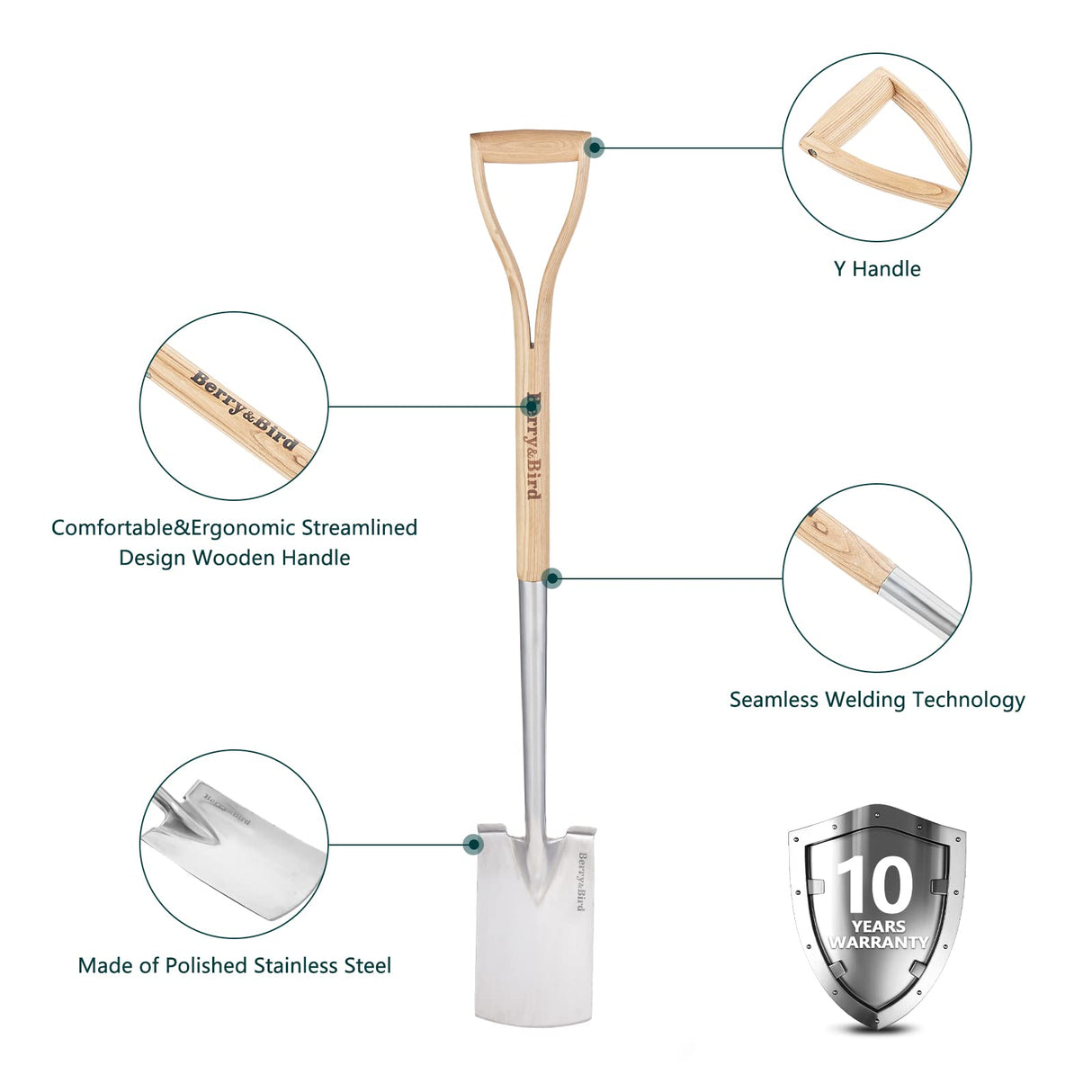 Berry&Bird Garden Digging Spade, 41" Stainless Steel Gardening Border Spade