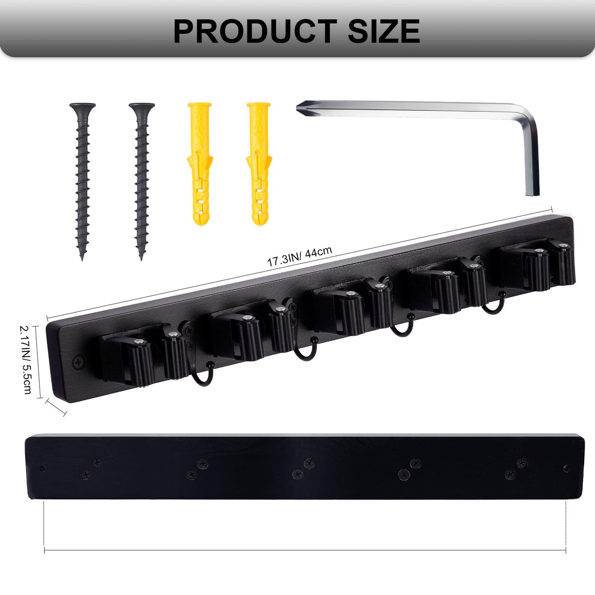 FunCee Broom Holder Wall Mount With 5 Slots & 4 Hooks，Rustic Wood Broom & Mop Hanger，Wall Mounted Garden & Garage Tool Storage Organizer Rack for Closet Laundry Room or Kitchen Wall Decor Black